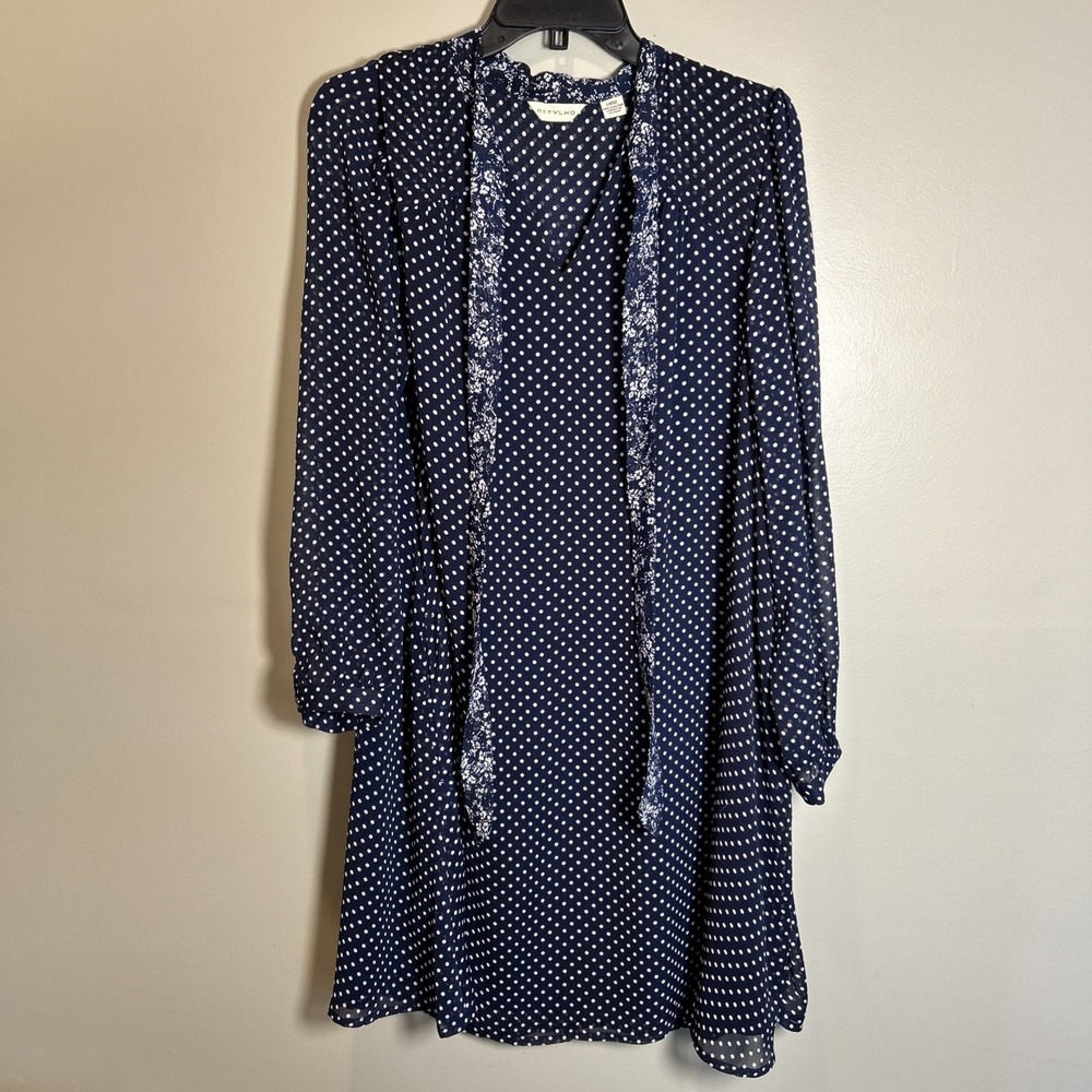 Anthropologie 11.1 TYLHO Navy Polka Dot Tie Secretary Bow Dress Full Sleeve L